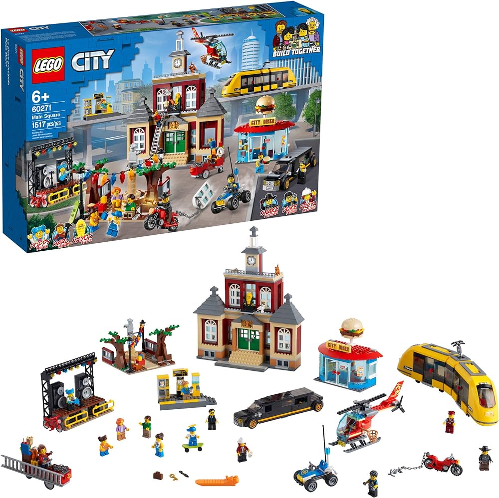 LEGO Marktplatz mit Rathaus, Abendessen, Straßenbahnhaltestelle 60271 City