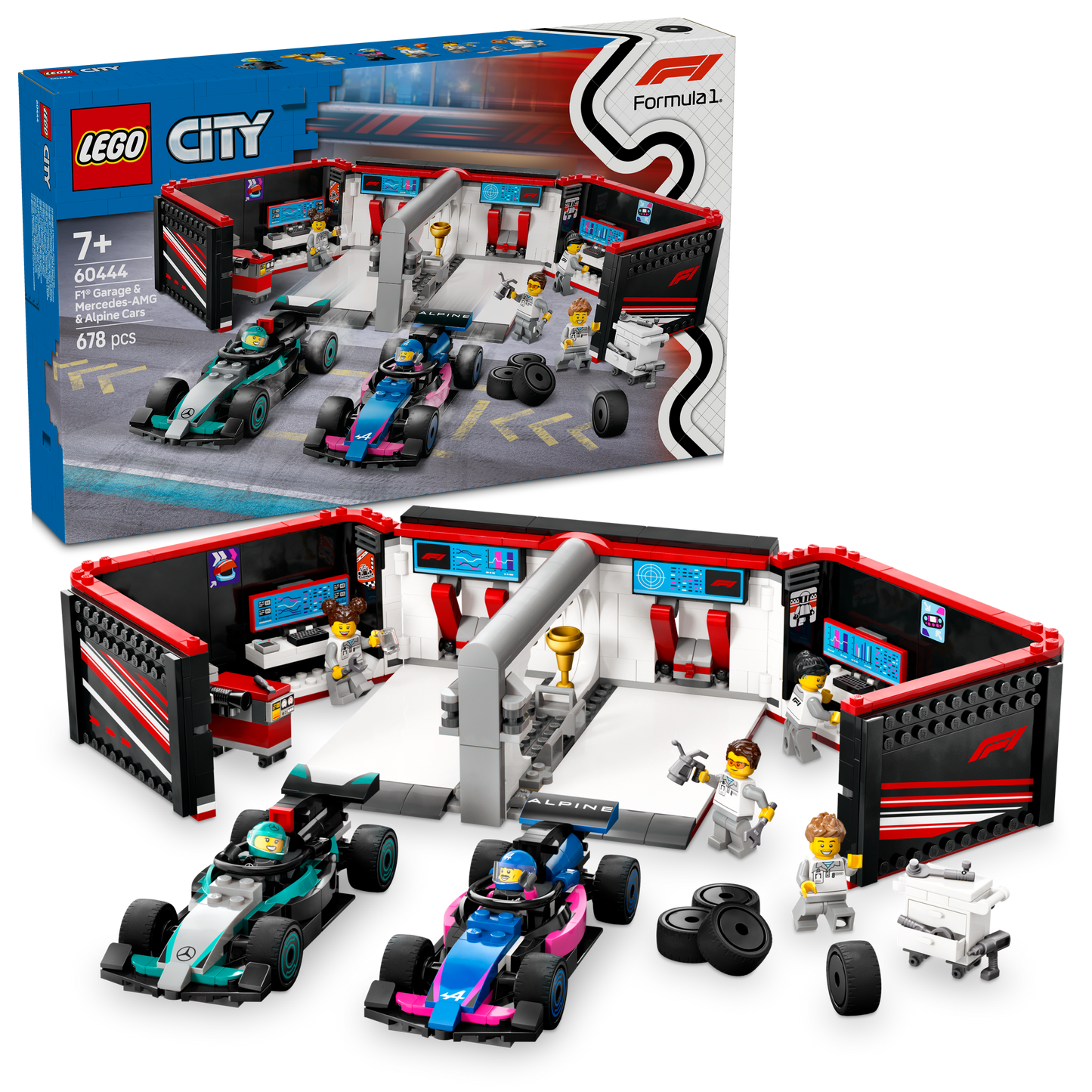 LEGO Pitbox met Mercedes AMG en Alpine F1 auto's 60444 City (Levering: 1 januari 2025)