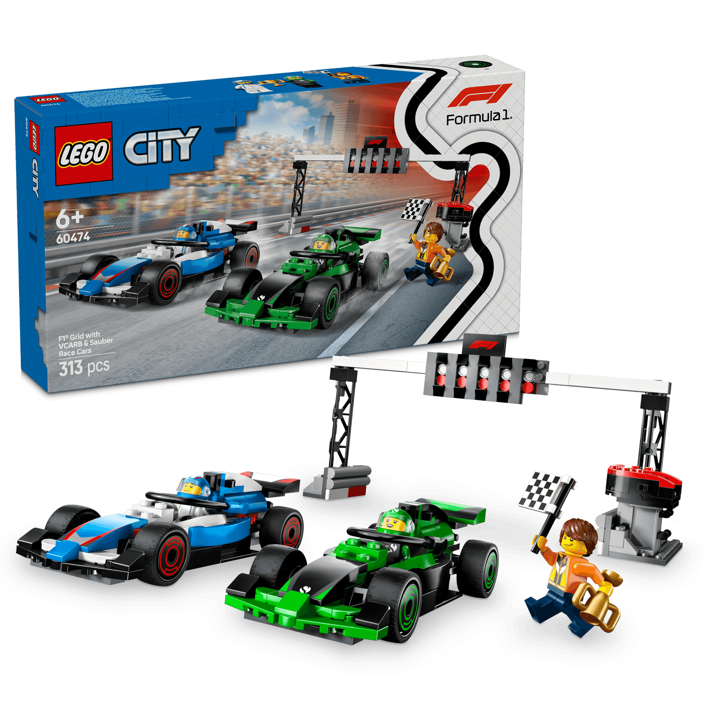 LEGO F1 Startlinie mit VCARB- und Sauber-Formel-1-Autos 60474 City